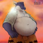  beach belly clothed clothing dragon first_person_view fluffy_derg fur furred_dragon hi_res holding_belly loom male one_eye_closed open_clothing open_shirt open_topwear outside overweight overweight_male seaside shirt solo standing sunset topwear vez wink 