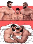  3boys abs bara beard bed bed_sheet biceps black_eyes black_hair blush buzz_cut closed_eyes couple dopey_(dopq) facial_hair hairy heart highres hug large_pectorals looking_at_another lying male_focus manly mature_male multiple_boys muscular muscular_male nipples on_back original pectorals pillow polygamy short_hair simple_background spiked_hair sweat sweatdrop thick_arms thick_eyebrows topless_male upper_body very_short_hair yaoi 
