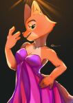  anthro canid canine clevage clothed clothing crown diane_foxington digital_media_(artwork) dreamworks dress eyebrow_piercing facial_piercing female fox fur green_eyes hi_res looking_at_viewer mammal noma0930513 open_mouth orange_body orange_fur piercing pink_clothing pink_dress simple_background smile solo the_bad_guys tiara 