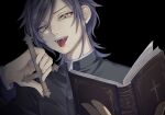  1boy black_background blue_hair book cross eyelashes fangs fingernails hair_between_eyes holding holding_book holding_cross inverted_cross male_focus ngron027 open_mouth original priest simple_background solo teeth tongue tongue_out upper_body upper_teeth yellow_eyes 