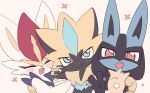  3boys :3 ^_^ animal_ears animal_hands animal_nose arm_around_shoulder black_fur blue_eyes blue_fur blush body_fur buck_teeth cat_boy cat_ears chibi cinderace claws closed_eyes closed_mouth commentary_request flat_color furry furry_male hand_up hands_up happy highres looking_at_viewer lucario male_focus multicolored_fur multiple_boys open_mouth pink_background pokemon pokemon_(creature) rabbit_boy rabbit_ears red_eyes red_hair short_hair simple_background sketch smile syuya teeth upper_body v white_fur wolf_boy wolf_ears yellow_fur zeraora 