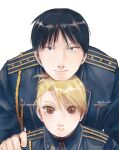  1boy 1girl aiguillette amestris_military_uniform bangs black_hair blonde_hair brown_eyes fullmetal_alchemist hand_on_another&#039;s_shoulder head_on_head head_rest heads_together jellymlk military military_uniform portrait riza_hawkeye roy_mustang short_hair simple_background star_(symbol) uniform updo upper_body white_background 