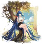  1girl absurdly_long_hair autumn_leaves azur_lane bare_shoulders barefoot biloxi_(azur_lane) biloxi_(romeo_or_juliet?)_(azur_lane) black_skirt blue_eyes blue_flower blue_hair blue_rose blue_sky breasts cloud criss-cross_halter crossed_legs flower full_body hair_ribbon halterneck high-waist_skirt highres holding holding_flower large_breasts legs long_hair looking_at_viewer off-shoulder_shirt off_shoulder official_alternate_costume official_art outdoors pavapo red_ribbon ribbon rose see-through see-through_sleeves shirt sitting skirt sky solo transparent_background tree very_long_hair 