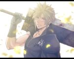  1boy armor black_shirt blonde_hair blue_eyes buster_sword chest_strap cloud_strife collarbone earrings falling_petals final_fantasy final_fantasy_vii final_fantasy_vii_advent_children gloves hair_between_eyes high_collar jewelry kyoujixxxx muscular muscular_male open_collar over_shoulder parted_lips petals shirt shoulder_armor single_earring smile solo spiked_hair upper_body weapon weapon_over_shoulder white_background 