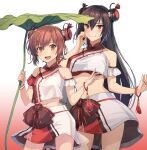  2girls bangs bare_shoulders black_hair blush bow bracelet breasts brown_eyes brown_hair bun_cover chinese_clothes closed_mouth collarbone cosplay cowboy_shot double_bun gradient gradient_background grey_background hair_between_eyes hair_bun hair_ornament highres holding holding_leaf jewelry kantai_collection kasumi_(skchkko) kneeling large_breasts leaf leaf_umbrella long_hair machinery midriff multiple_girls nagato_(kancolle) navel open_mouth red_background red_eyes rigging sandals shirt short_hair skirt sleeveless sleeveless_shirt smile tan_yang_(kancolle) tan_yang_(kancolle)_(cosplay) turret white_shirt white_skirt yukikaze_(kancolle) 