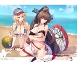  2girls all_fours anchor_necklace ball beach beachball bikini bikini_tug blonde_hair blue_eyes breasts brown_hair cleavage closed_mouth collarbone crossed_arms embarrassed flower hair_between_eyes hair_flower hair_ornament halter_top halterneck highres himeyamato iowa_(kancolle) jewelry kantai_collection large_breasts long_hair looking_at_another looking_at_viewer multiple_girls navel necklace ocean ponytail sandals sidelocks smile star-shaped_pupils star_(symbol) swimsuit symbol-shaped_pupils umbrella untied untied_bikini wristband yamato_(kancolle) 