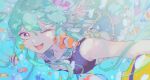  1girl blue_skirt blush clownfish crown dress finana_ryugu fish fish_girl flower frilled_sailor_collar frills green_dress green_hair hair_flower hair_ornament head_fins highres long_hair looking_at_viewer nijisanji nijisanji_en ocean okanadamo purple_eyes purple_flower sailor_collar showgirl_skirt skirt smile solo underwater virtual_youtuber 