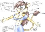  2001 acefox anthro breasts brown_hair button_(fastener) button_pop cheek_tuft clenched_teeth clothing dialogue english_text facial_tuft felid feline female fur hair humor lion long_hair mammal midriff multicolored_body multicolored_fur navel nipple_outline nipple_slip nipples pantherine simple_background solo tail_tuft teeth text tight_clothing tuft two_tone_body two_tone_fur wardrobe_malfunction white_background wide_eyed 