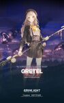  1girl artist_request blonde_hair full_body gretel_(grimlight) grimlight hat highres holding holding_weapon leggings long_hair long_sleeves looking_at_viewer messy_hair official_art polearm skirt solo spear weapon yellow_eyes 