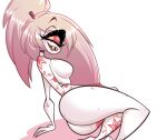  1_eye breasts cherri_bomb_(hazbin_hotel) claws cyclops cycoriot demon featureless_breasts female hair hazbin_hotel hi_res humanoid pink_hair red_eyes simple_background smile solo tattoo thick_thighs white_body wide_hips 