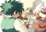  2boys absurdres bakugou_katsuki bare_shoulders belt biting blonde_hair boku_no_hero_academia closed_mouth commentary detached_sleeves freckles fur_trim gloves green_hair green_vest highres holding holding_another&#039;s_wrist holding_sword holding_weapon korean_commentary long_sleeves looking_at_another male_focus midoriya_izuku multiple_boys nicknamemohazi red_eyes shirt short_hair shoulder_tattoo spiked_hair sword tattoo teeth topless_male trembling vest weapon white_gloves white_shirt 