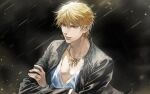  1boy black_jacket blonde_hair casual crossed_arms dark_background earrings fate/stay_night fate_(series) gilgamesh_(fate) gilgamesh_(immoral_biker_jacket)_(fate) highres jacket jewelry korean_commentary long_sleeves looking_afar male_focus necklace official_alternate_costume pectorals red_eyes shirt short_hair smile solo tatam_(mmigaya) upper_body 