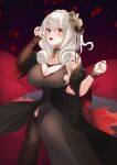  1girl absurdres asymmetrical_sleeves azur_lane black_dress black_legwear breasts cherry cleavage dress drill_locks food fruit hair_between_eyes hat highres holding holding_food holding_fruit huge_breasts long_dress long_hair looking_at_viewer lutzow_(azur_lane) lutzow_(everlasting_blood_banquet)_(azur_lane) mini_hat nail_polish official_alternate_costume red_eyes red_nails solo sumisumi4268 white_hair 
