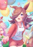  3girls :d :o absurdres animal_ears balloon bangs birthday blurry blush brown_hair chromatic_aberration closed_eyes commentary_request confetti cowboy_shot crying crying_with_eyes_open depth_of_field ear_bow ear_covers ear_down facing_viewer flipped_hair flying_teardrops gym_uniform hair_over_one_eye hairband hand_grab haru_urara_(umamusume) headwear_removed highres horse_ears horse_girl horse_tail jacket kongariinu laughing lens_flare long_hair looking_up mihono_bourbon_(umamusume) multiple_girls open_clothes open_jacket outdoors pink_eyes pink_hair red_jacket red_shorts rice_shower_(umamusume) shorts smile solo_focus tail tears towel towel_around_neck track_jacket umamusume 