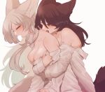  2girls animal_ear_fluff animal_ears bare_shoulders bite_mark blush breasts brown_hair closed_eyes commentary_request commission fang hug hug_from_behind long_hair medium_breasts multiple_girls open_mouth original red_eyes shirt simple_background skeb_commission tail twitter_username white_background white_hair white_shirt whooo-ya yuri 