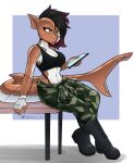  2022 ambris anthro boots breasts camo camo_clothing camo_print clothing crop_top cybernetic_arm cybernetic_limb cybernetic_tail eyelashes female fish footwear glistening hair hi_res marine midriff navel pattern_clothing shark shirt sitting solo topwear yellow_eyes 