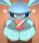  &lt;3 2021 anthro big_breasts blue_body blush blush_lines bodily_fluids breasts cleavage clothed clothing eeveelution female flying_sweatdrops glaceon glistening glistening_body gloves_(marking) green_body hi_res high-angle_view holding_object huge_breasts kemono looking_at_viewer markings nintendo nipple_outline obikuragetyan offering_to_viewer paws pok&eacute;mon pok&eacute;mon_(species) solo sweat sweatdrop topwear video_games 