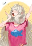  1girl absurdly_long_hair ahoge animal_print arm_up blush collarbone fang fish_print grey_hair highres long_hair low_twintails messy_hair miao94236 midriff_peek nail_polish nijisanji nijisanji_en pink_nails pink_shirt reimu_endou shirt short_sleeves signature solo t-shirt twintails very_long_hair virtual_youtuber waking_up white_background yawning yellow_background 