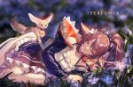  1girl absurdres animal animal_ears arknights blue_bow blue_flower blue_jacket blurry blurry_background bow breasts brown_eyes brown_hair character_name cleavage dress fennec_fox flower fox_ears fox_girl hair_bow highres jacket long_hair lying neriash on_side outdoors perfumer_(arknights) ponytail slime_(substance) solo white_dress white_flower 