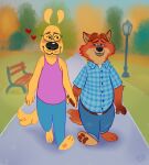  &lt;3 2022 anthro bench black_nose blush bottomwear canid canine canis clothing disney domestic_dog duo eyewear fox gideon_grey glasses hand_holding humanoid_hands male mammal orange_body osos outside pants shirt slightly_chubby topwear zootopia 