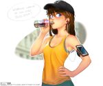  1girl bangs bare_arms bare_shoulders baseball_cap black_headwear blue_eyes blush bra bra_peek breasts brooke_(mathias_leth) brown_hair cellphone coca-cola collarbone commentary drinking earbuds earphones english_commentary english_text freckles glass_bottle hair_between_eyes hand_on_hip hat highres long_hair mathias_leth original outline phone profanity simple_background small_breasts smartphone solo speech_bubble tank_top underwear upper_body web_address white_background white_outline yellow_tank_top 