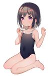  1girl bare_shoulders barefoot black_hair black_swimsuit brown_hair child closed_mouth covered_navel female_child flat_chest highres legs meito_(maze) one-piece_swimsuit original pink_eyes short_hair simple_background sitting solo swimsuit tan tanlines toes white_background 