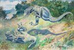  1897 19th_century absurd_res ambiguous/ambiguous ambiguous_gender ancient_art charles_r_knight day dinosaur dryptosaurus duo feral fight forest green_body green_scales hi_res jumping leap mountain outside painting_(artwork) paleoart plant reptile scales scalie theropod traditional_media_(artwork) tree volcano 