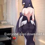  1girl ass back back_focus bathroom black_dress black_gloves dasdokter detached_sleeves dress from_behind gloves hololive hololive_english long_hair low_wings meme ninomae_ina&#039;nis photo_background purple_hair strapless strapless_dress tube_dress very_long_hair virtual_youtuber wings 