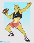  ajdrawsnice anthro ball bottomwear cervid cervine cleats clothing crop_top dj_strap fangs football_(ball) footwear fur horn male mammal midriff muntjac shirt shorts socks solo text text_on_clothing text_on_topwear topwear yellow_body yellow_fur 