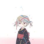  1girl :o bangs black_kimono braid confetti danganronpa_(series) danganronpa_2:_goodbye_despair gamhwa grey_background hair_ribbon highres japanese_clothes kimono long_sleeves looking_at_viewer obi open_mouth pekoyama_peko red_eyes ribbon sash simple_background solo twin_braids twintails white_ribbon 