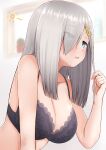  1girl absurdres alternate_hair_length alternate_hairstyle black_bra blue_eyes bra breasts cleavage collarbone hair_ornament hairclip hamakaze_(kancolle) highres holding holding_hair kantai_collection large_breasts medium_hair open_mouth solo tiemu_(man190) underwear upper_body white_hair 