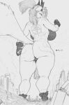 anthro building butt canid canine city deity demon destroyed_building destruction female_(lore) fox genitals gynomorph hi_res humanoid_genitalia humanoid_penis intersex macro mammal markings monochrome penis perenthis rear_view rem_(r3m1x) solo thick_thighs 