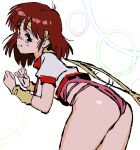  1980s_(style) 1girl ass bangs breasts brown_eyes brown_hair clenched_hand closed_mouth commentary_request headband highres imamura_ryou leotard pink_leotard retro_artstyle shiny shiny_skin short_hair short_sleeves smile solo takaya_noriko top_wo_nerae! wristband yellow_headband 