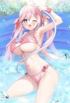 1girl :p ayuma_sayu bikini blue_eyes breasts covered_nipples frilled_bikini frills highres hose large_breasts navel one_eye_closed original pink_bikini pink_hair solo swimsuit thighs tongue tongue_out twintails underboob water wet 