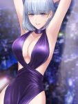  1girl alternate_costume armpits arms_behind_head artist_name bangs blurry blurry_background breasts cleavage collarbone dress feet_out_of_frame filha girls&#039;_frontline grey_hair highres large_breasts light_blush looking_at_viewer medium_hair open_mouth parted_lips presenting_armpit purple_dress purple_eyes rpk-16_(girls&#039;_frontline) smile solo standing 