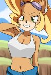  activision anthro aokushan big_breasts blonde_hair breasts cleavage clothed clothing coco_bandicoot crash_bandicoot_(series) eyewear female fur goggles green_eyes hair hi_res midriff smile solo video_games 