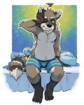  2022 anthro bed brown_body clothing furniture guaxraccoon humanoid_hands male mammal one_eye_closed procyonid raccoon sitting solo underwear 