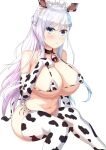  1girl animal_ears animal_print azur_lane belfast_(azur_lane) bell bikini blue_eyes breasts cow_ears cow_girl cow_print cow_tail cowbell elbow_gloves fake_animal_ears feet_out_of_frame gloves gradient_hair hand_on_own_chest highres huge_breasts jelilianamiku light_purple_hair looking_at_viewer micro_bikini multicolored_hair side-tie_bikini simple_background sitting solo swimsuit tail thighhighs white_background 
