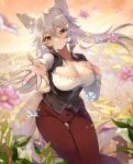  absurdres animal_ears apple_caramel bodysuit breasts cleavage fantasy flower grey_hair hand_on_own_chest highres knight large_breasts looking_at_viewer original outstretched_arm pants red_pants skin_tight sword thigh_gap thighs weapon wolf wolf_ears wolf_girl 