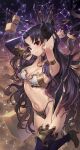  1girl alter armlet armpits arms_behind_head bangs bikini black_bikini black_hair black_legwear black_ribbon black_sleeves breasts cleavage closed_mouth cloud detached_sleeves earrings fate/grand_order fate_(series) gold_trim hair_ribbon high_heels highleg highres hoop_earrings ishtar_(fate) jewelry long_hair looking_at_viewer medium_breasts mismatched_bikini navel parted_bangs red_eyes ribbon single_detached_sleeve single_thighhigh sky smile solo swimsuit thighhighs tiara twintails two-tone_bikini white_bikini 