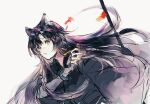  1girl :o arknights black_hair black_wristband fingerless_gloves gloves hand_up holding holding_polearm holding_weapon infection_monitor_(arknights) long_hair looking_at_viewer polearm purple_gloves purple_shirt saga_(arknights) shirt simple_background sketch solo upper_body weapon white_background yellow_eyes yunluo 