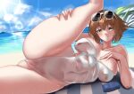  1girl absurdres beach blush breasts brown_hair closed_mouth collarbone covered_navel eyewear_on_head green_eyes highres kantai_collection large_breasts lens_flare looking_at_viewer mutsu_(kancolle) one-piece_swimsuit outdoors revealing_clothes short_hair sing152 smile solo split sunglasses sunlight swimsuit towel 