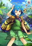  1girl absurdres antennae aqua_hair azumi_(madogiwa_bocchi_seki) butterfly_wings day dress eternity_larva fairy field flower flower_field green_dress hair_between_eyes highres leaf leaf_on_head multicolored_clothes multicolored_dress one_eye_closed open_mouth orange_eyes pink_flower purple_flower red_flower short_hair short_sleeves smile solo sunflower touhou wings yellow_flower 