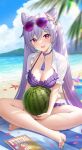  1girl artist_name bangs bare_legs barefoot beach bikini blue_sky blurry blurry_foreground blush book breasts cleavage cloud cloudy_sky collarbone cone_hair_bun double_bun eyewear_on_head fang food frilled_bikini frilled_sleeves frills fruit fukuro_daizi genshin_impact hair_between_eyes hair_bun highres holding indian_style keqing_(genshin_impact) large_breasts leaf ocean open_mouth outdoors petals purple_bikini purple_hair purple_nails sand short_sleeves shrug_(clothing) sitting skin_fang sky smile solo starfish swimsuit tassel_choker tinted_eyewear watermelon 