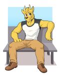  absurd_res anjing_kampuss anthro bench bottomwear brown_eyes clothing dj_strap fangs footwear fur hi_res horn male pants shirt shoes sitting sleeveless_shirt solo topwear yellow_body yellow_fur 