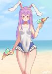  1girl absurdres animal_ears ass_visible_through_thighs beach blue_sky blush breasts collarbone covered_navel day dual_wielding frills highres holding holding_water_gun horizon light_smile littiecy long_hair looking_at_viewer ocean one-piece_swimsuit outdoors purple_hair rabbit_ears red_eyes reisen_udongein_inaba sky small_breasts solo swimsuit touhou very_long_hair water water_gun 