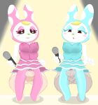  2022 animal_crossing anthro anthro_penetrated balls bouncing_breasts breasts chrissy_(animal_crossing) clothed clothed/nude clothing female francine_(animal_crossing) genitals group heavy_thrusting hi_res holding_object human human_on_anthro human_penetrating human_penetrating_anthro interspecies lagomorph leporid male male/female mammal microphone nannan nintendo nipples_through_clothes no_underwear nude penetration penile penile_penetration penis_in_pussy rabbit sex smile spotlight standing standing_sex vaginal vaginal_penetration vein video_games 