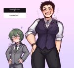  1boy 1girl black_hair breasts closed_eyes dress_shirt genderswap genderswap_(ftm) genderswap_(mtf) green_eyes green_hair igarashi_futaba_(shiromanta) large_breasts laughing long_hair looking_at_another mars_symbol necktie office_lady panqlao pants ponytail salaryman senpai_ga_uzai_kouhai_no_hanashi shirt short_hair sidelocks size_difference smile takeda_harumi_(shiromanta) thick_eyebrows venus_symbol vest waistcoat 