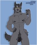  abs absurd_res anthro balls bodily_fluids canid canine canis cigarette claws frenhm genital_fluids genitals half-erect hand_on_hip hi_res male mammal muscular nipples pecs penis phone precum pubes rafael_toledo selfie solo wolf yellow_sclera 