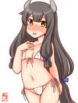  1girl artist_logo bikini black_hair blush collarbone commentary_request covered_nipples dated flat_chest front-tie_top green_eyes hair_ribbon hand_on_own_chest headgear i-47_(kancolle) kanon_(kurogane_knights) kantai_collection long_hair looking_at_viewer low-tied_long_hair micro_bikini nose_blush one-hour_drawing_challenge ribbon side-tie_bikini sidelocks simple_background solo standing swimsuit tress_ribbon white_background white_bikini 